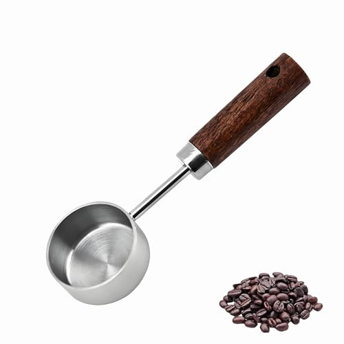 Homeily Vintage Coffee Measuring Spoon 15g, Stainless Steel Wood Handle | Acacia timber grip, silver metal scoop 15ml, tea milk cocoa spice dose, retro look, long shaft deep jar, easy to clean
