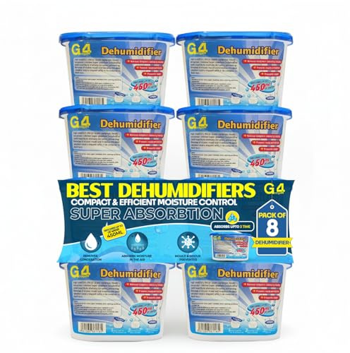 G4GADGET Dehumidifier 450ml Pack of 8 | Disposable Damp & Odour Remover | Home, Bathroom, Wardrobe, Car, Kitchen | Mould Control Moisture Absorber Tubs | No-Spill, No-Power Needed