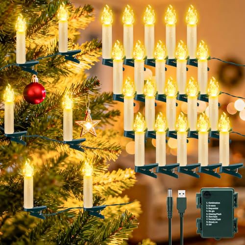 cshare 20er Christbaumkerzen Led, 7M Lichterkette Kerzen Weihnachtsbaum Beleuchtung mit Kabel Clip USB/Batteriebetrieb mit Timer, für Fenster Kamine Weihnachtsbaum Deko Innen Warmweiß