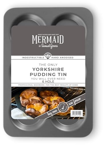 Mermaid Hard-Anodised 6-Cup Yorkshire Pudding Tray - Professional Non-Stick Baking Pan for Giant Yorkshires, Tartlets & Roast Dinner – UK Made by Samuel Groves - The Oldest UK Cookware Brand (6 Cup)