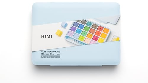 HIMI Jelly Cup Gouache Set 24 Paint Colours, 3 Brushes, Paint Pallete, Ice Blue Case, Add Water to Reactivate, Smooth, Rich Colours, Gift, Artist Art Supplies, Large Scale Art Work to Fine Details