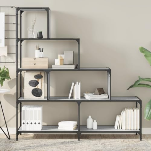 Homvdxl Treppen-Bücherregal, 4 Etagen, Treppenregal mit offenen Regalen und Metallrahmen, für Wohnzimmer, Heimbüro, Schlafzimmer, Grau + Eiche
