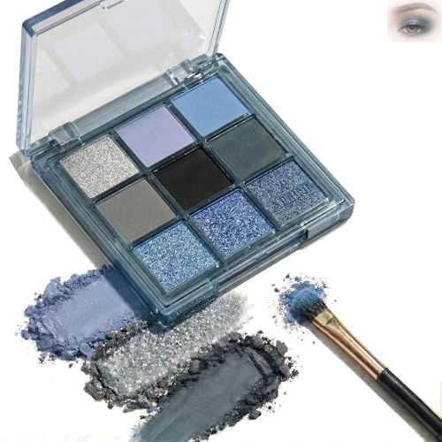 Blue Eyeshadow Palette, 9 Cool-Toned Matte And Sparkling Shades, Compact | Light Blue, Silver, Grey, Blue-Grey, Navy And Black, Hinged Transparent Lid, For Everyday, Smoky Evening And Statement Looks