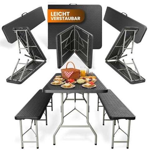 Rosentahl Skyfold Set pieghevole per tavolo da birra in plastica, 3 pezzi, con tavolo e 2 panche, resistente alle intemperie, stabile fino a 500 kg per panchina, effetto rattan per giardino e famiglia