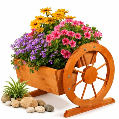 Mucola Pflanzkübel Blumenwagen mit Wagenrädern 44x42x40 cm Hellbraun | Massivholz im Landhausstil, Platz für 2 Standard-Blumenkästen, auch auf Mauer, Gartentisch, Terrasse, inkl. Montagematerial
