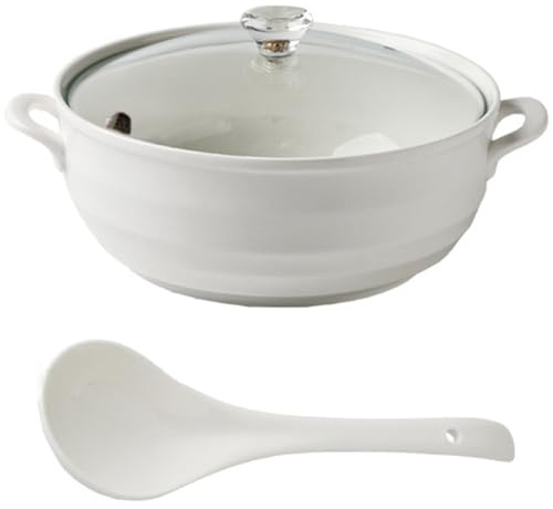 Keramisk gryta, Små kopparkastruller vit soppterrin porslin serverings med lock runda(Glass Cover,1.2L/1.1Quarts)