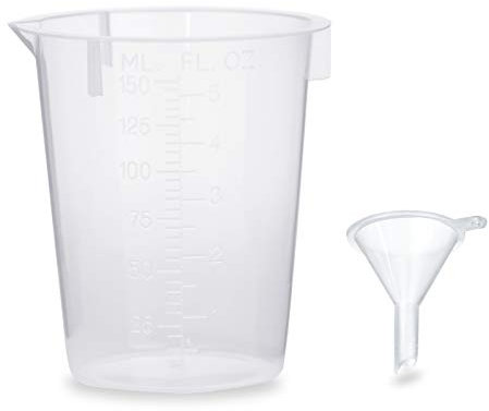 1 vaso medidor de 150 ml + 1 mini embudo para envasar y trasvasar líquidos (1 juego)