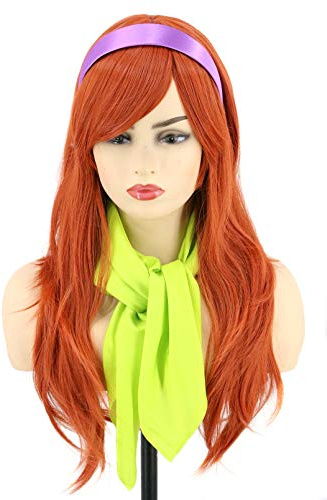 Topcosplay Perücke Lang Gewellt Orange Perücke mit Haarreif Schal Cosplay Perücke für Halloween Kostüm