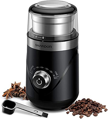 SHARDOR Kaffeemühle, Automatisch getaktetes Präzisionsmahlwerk, Kaffeemühle Elektrisch mit Z-förmigen Edelstahlklingen für Kaffeebohnen, trockene Zutaten, leises Mahlen, 80g abnehmbar