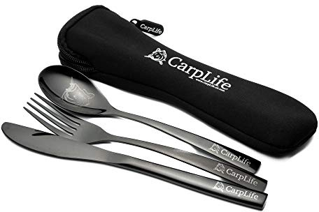 CarpLife Bestickset – fiskeservis – karpfiske – svart rostfritt stål bestickset – etsat karpfiske bestickset
