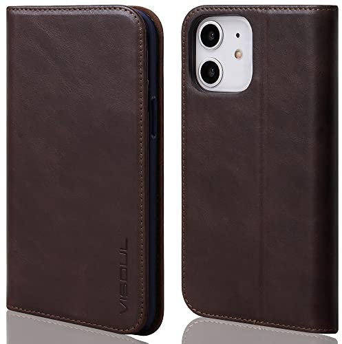 VISOUL iPhone 12/12 Pro Hülle, Handyhülle [100% Rindsleder] [RFID Schutz] [Schützt vor Stoß] [Standfunktion] [Kartenfach] [Magnet], TPU Handytasche Kompatibel für iPhone 12 Pro 6,1 Kaffee-A