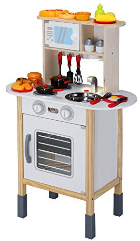SPIELWERK® Kinder Küche Holz mit Sound Zubehör 35tlg Mikrowelle Backofen Abgerundete Kanten Höhenverstellbar Kinderküche Spielküche Spielzeugküche