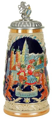 AEIDDRWAA 1.0L Beer Stein with Matel Pewter Lid Bavaria Steel Germany Oktoberfest Tankard Eagle Bierkrug Drinking Glass Horn Coffee Mug Stine Christmas Ornaments Deutschland Bayern
