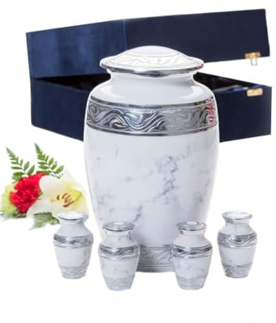 Urne funéraire en marbre blanc pour adultes – Urne funéraire pleine taille avec 4 urnes souvenirs, aluminium recyclé et couvercle sécurisé pour la décoration de la maison