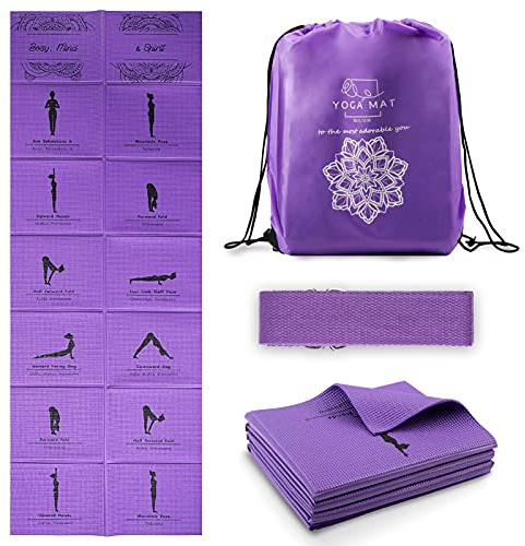 Tappetino Yoga Pieghevole Portatile Per Le Donne, Tappetino di Esercizio Antiscivolo Per La Palestra Domestica, Spesso 5mm Set Di Yoga Da Viaggio Con Elastico Per Yoga Pilates e Fitness, 173x61cm