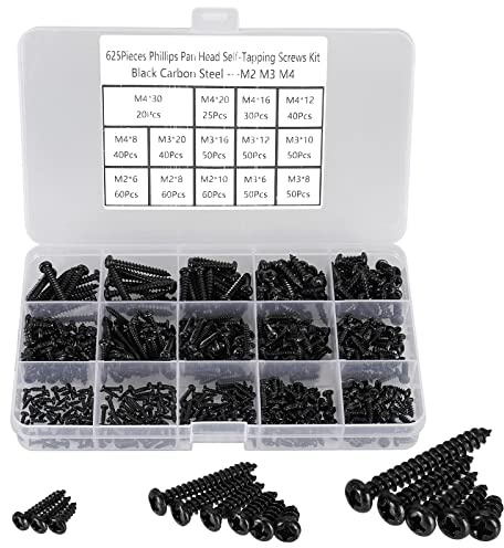 HanTof 625pcs M2 M3 M4 Phillips Pan Head Self-Tapping Wood Screws,14 Sizes Cross Recessed Round Head Self Tapper Screws Assortment Kit for Wood,Plastic and Soft Metal,Black Carbon Steel,Sharp Point