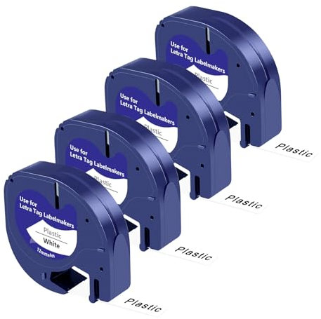 UNOKA Kompatibel mit Dymo Letratag Etikettenband, Wasserfest, Kunststoff(Plastik), 12mm x 4m Bänder, A91221 91201 White Schriftband für Letra tag 80 XR LT-100H 100T 200B XM, Schwarz auf Weiß, 4 Roll