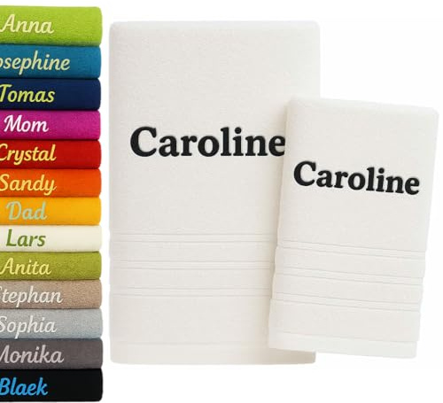 2er Pack Personalisiertes Handtuch und Badetuch mit Namen 2er Pack Schön gestickter Name Handbadetuch 100 % Baumwollhandtuch 50 x 100 cm + 140 x 70 cm Personalized Custom Towel with Name (Weiß)