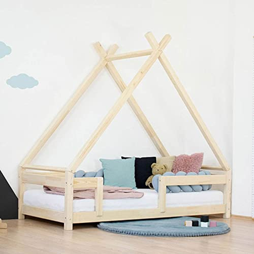Kinder Tipi-Bett TAHUKA mit Sicherheitsgitter - Massivholz - natürliche Farbe lackiert - 120 x 190 cm