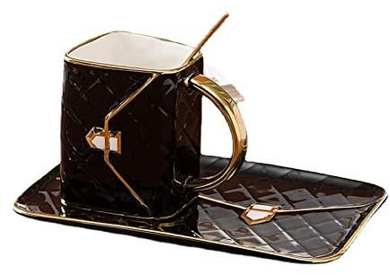 COGOALL Tazas De Café Cerámicas, Tazas De Té Y Conjuntos De Sartén (con Cuchara), Tazas De Café Expreso En Forma De Bolso, Tazas De Té De Regalo En Forma De Bolsa Creativa 310ml (Black)