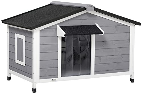 PawHut Casetta per Cani Taglia Piccola e Media in Legno di Abete, Design Rialzato con Tenda Protettiva, 2 Finestre e Fondo Rimovibile, 109x79x72 cm