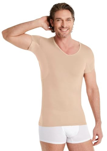 FINN Maglia Intima Anti-Sudore Uomo con maniche extra corte - Perfetta sotto camicie e polo a maniche corte - Canottiera con Assorbenti Ascellari contro macchie di sudore e cattivi odori Color Pelle S