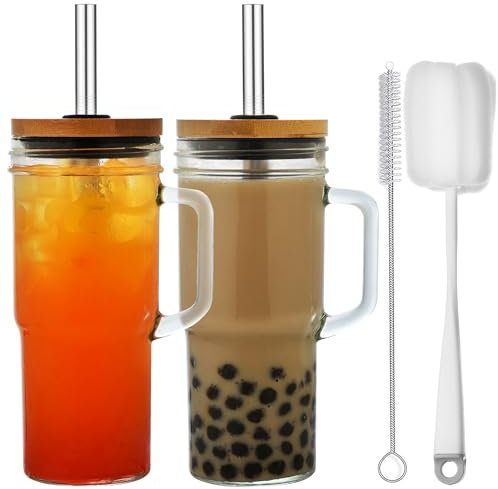 ALINK Lot de 2 gobelets Mason Jar de 710 ml avec poignée, couvercle et paille – Verres Mason Jar réutilisables pour café glacé, smoothies, bière, jus et thé – Avec 2 brosses