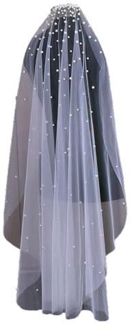 YouLaPan Frauen Brautschleier Perle Fingerspitze & Kathedrale Länge Hochzeit Schleier mit Kamm Spitze Trim Applique 1 Schicht, Gebrochenes Weiß 100 x 160 cm, Eingröße