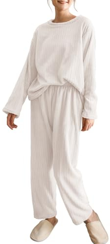 Hveuluop Gieen Pigiama da Donna a Coste – Maglia a Maniche Lunghe con Scollo Rotondo e Pantaloni in Pile Corallo, vestibilità Comoda, in Velluto Corallo, Taglia Unica