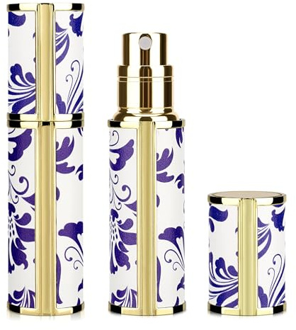 LUEXBOX Portable Perfume Bottle for Travel, Mini Refillable Perfume Dispenser, 5ml Faux Leather Leak Proof Perfume Atomizers, Blue and White Bottles Sprayer for Pocket Perfume (Blue flower)
