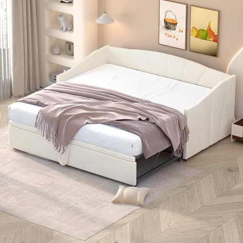 NNJN 90/180 x 200cm Polsterbett Ausziehbares Schlafsofa mit Lattenrosten, Multifunktionsbett aus hautfreundlichem Samtstoff (Beige)(Ohne Matratze)