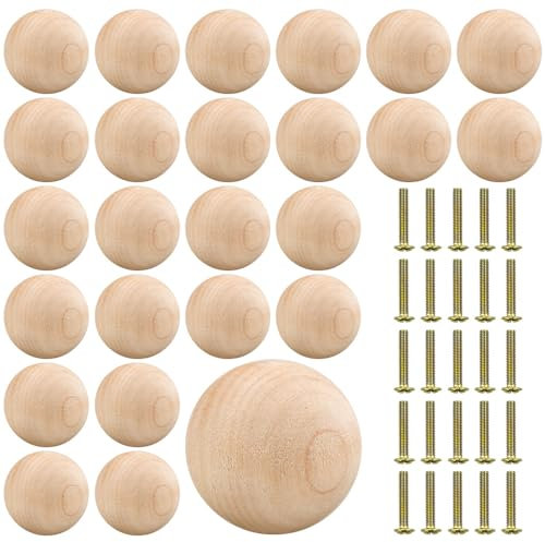 HEKOBAG 25 Stück Möbelknöpfe Holz Schubladengriffe Kugelförmige Kommodenknöpfe mit 30 mm Durchmesser Holz Schrank Kommode Möbelknöpfe mit Schraube
