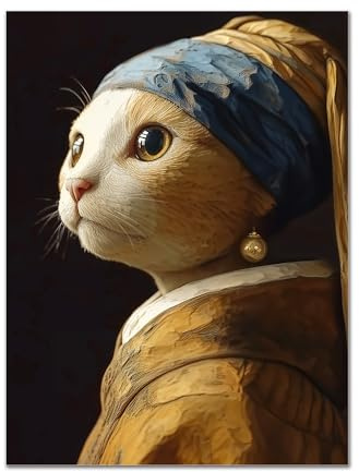 Aozomo Kunstdruck Mädchen mit Perlenohrring, Tierkunstposter, lustiges Wanddekor-Geschenk, Geschenk für Katzenliebhaber, veränderte Kunst, Heimdekoration, einzigartiger Kunstdruck (ungerahmt - 30,5