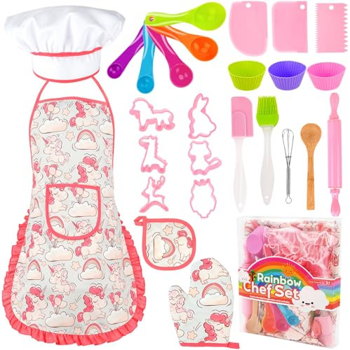 Set da Cucina per Bambini, 26 Pezzi Rosa Unicorno Set di Chef Grembiule, Cappello Cuoco, Guanti, Accessori Cucina Play Kitchen Cottura, Giochi Gioco di Ruolo Regali per Bambina 3-8 Anni