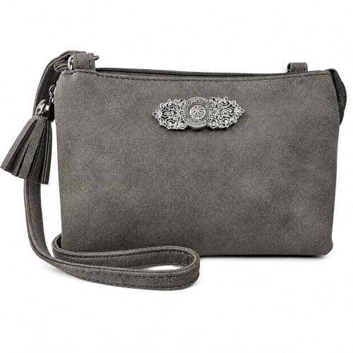 Trachtenland Damen Trachten Handtasche Sofia – Dirndl Umhängetasche aus Lederimitat mit Applikation & Troddel in Pastellfarben oder Schwarz (Dunkelgrau, ca. 18 x 12 x 8 cm)