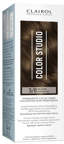 Clairol Professional Color Studio Permanente Haarfarbe Hellbraun 5/0 (110 ml) – mit Metal-Purifier für 6 x weniger Haarbruch, 10 Wochen sattes Farbergebnis & 100 % Grauabdeckung – inkl. Haarkur