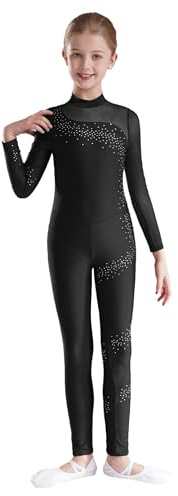 Fldy Mädchen Gymnastikanzug Langarm Glitzer Kinder Eiskunstlauf Body Tanz Trikot Turnen Ganzkörperanzug Sport Overall Jumpsuit Schwarz_A 146-152