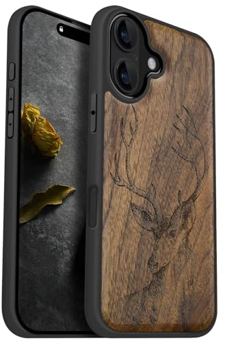 Carveit Holz Hülle für iPhone 16, Nussbaum-Rehkopf | Cover kompatibel MagSafe [Holz und TPU Silikon Hybrid Hull] Magnetisch Case für iPhone 16 Handyhülle