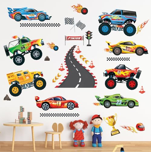 DECOWALL DS9-8083 Racing Car Wall Decal Stickers Boys Room Art Decor Sports Roads Vehicles Kids Bedroom Toddler Playroom Gift Nursery Living Room Peel and Stick Truck