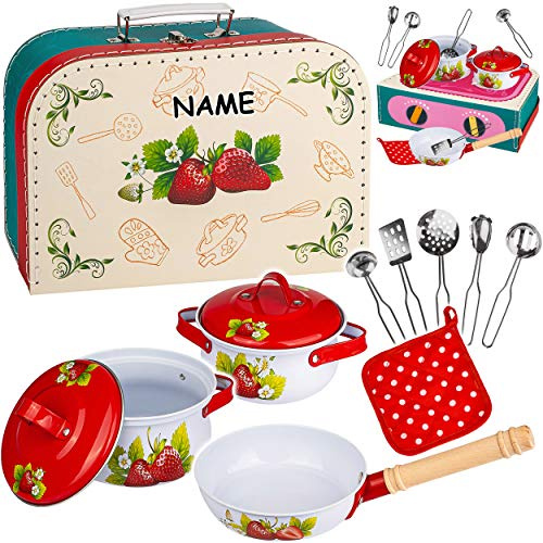 alles-meine.de GmbH 12 TLG. Set Koffer - Kochset & Topfset - Puppengeschirr/Kochtopfset - inkl. Name - Erdbeere & Kochplatte - aus Metall/Emaille - echte Blech Töpfe/Pann..