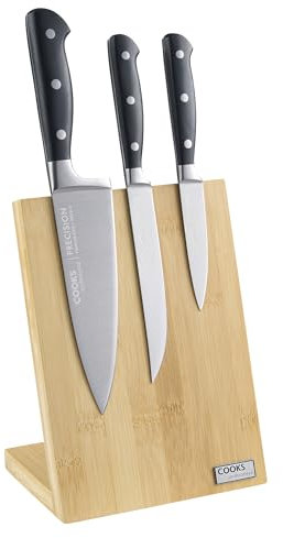 Cooks Professional Precision 3 Piece Knife Set with Magnetic Bamboo Knife Block | Satin Finish Stainless-Steel Blades | Home Kitchen Paring, Utility & Chef Knives