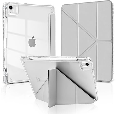 MuyDouxTech Coque pour iPad Air 11 M4/M3/M2 (2026/2025/2024), iPad Air 5/4 2022/2020 10,9 avec Porte-Stylet, Support Vertical et Horizontal 5 Angles Pliables, Étui Dos Transparent Antichoc, Gris