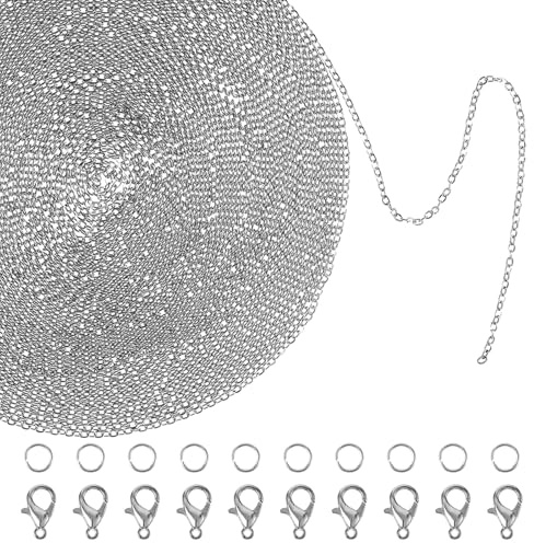 Tucnoeu 11m Gliederkette 2.0mm Silber, Meterware Edelstahlkette | für DIY Schmuckherstellung, mit 20 Karabinerverschluss, und 30 Biegeringe