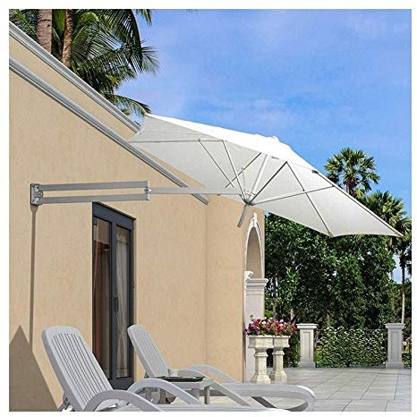 Outdoor Patio Aluminium Wall Mounted Tilting Sunshade Umbrella Portable Garden Parasol Awnings for Balcony and Garden (White)