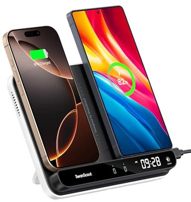 Doppio Caricatore Wireless per 2 Telefoni, Stazione Ricarica per iPhone Air/17 Pro/17 Pro Max/17/16/15/14/13/12, Samsung Galaxy S25/S24/S23/S22, Pixel 9/8/7, Android Phones, Galaxy Buds, SwanScout 504