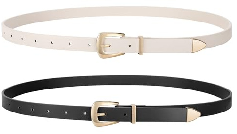 WERFORU 2-pack dam smalt läderbälte konstläder tunt midjebälte med gyllene spänne för jeans byxor klänningar, B-svart + beige, Fit Taillengröße 82-93cm