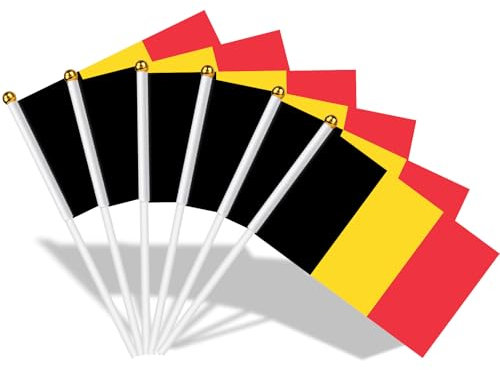 AhfuLife Bandera de Mano Bélgica, 15 Piezas Bandera Bélgica Pequeña con 30cm Palo para Decoraciones de la Copa Europea, Eventos Deportivos, Celebración, Desfile, Día Nacional, Fiesta