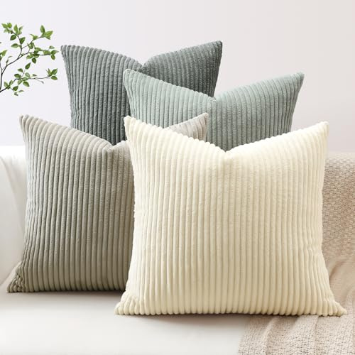 JOTOM 4er Set Cord Kissenbezüge Kissenhülle Dekorative Zierkissen Couchkissen Sofakissen Dekokissen Kordsamt Kissenbezug Deko Kissenhülle für Sofa Wohnzimmer (45x45cm, Grau Creme)