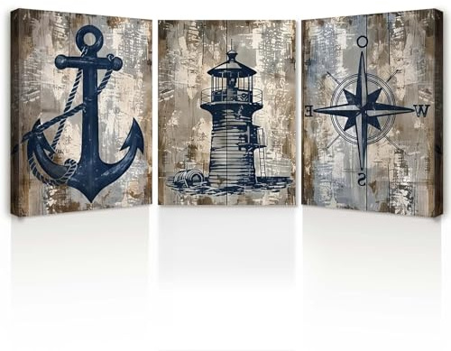 3er Set Leinwand Bilder mit Rahmen – Maritime Wandbilder mit Anker, Leuchtturm & Kompass, Kunstdruck auf Leinwand für Wohnzimmer, Schlafzimmer, Flur – Wanddeko Modern mit Haken Magic Tape 30x40 cm