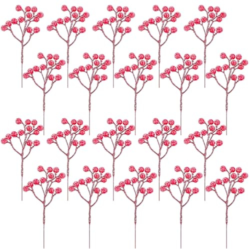 Fangoo 20 PièCe 18 cm Branches Baies Rouges de NoëL Artificielles EnneigéEs Faux Tiges de Houx pour DéCoration pour DéCorations de NoëL Bricolages d'hiver Mariage FêTe à Domicile